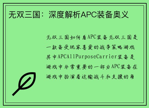 无双三国：深度解析APC装备奥义